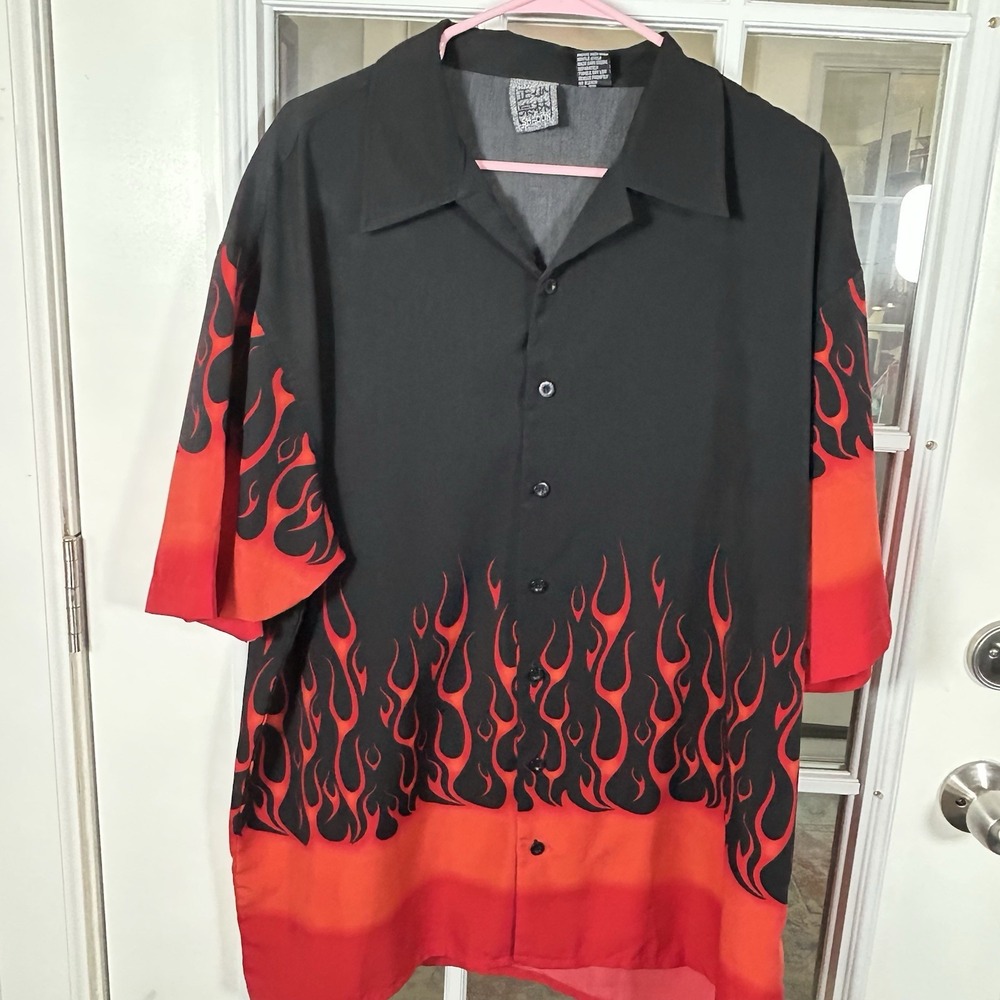 Authentic Shaolin Vintage Y2K Flame Print Camp Collar Button Up‎ Shirt XL - Picture 2 of 11
